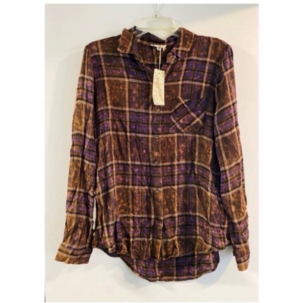 MYSTREE Boutique Brown Plaid Washed Flannel Top - Picture 7 of 10